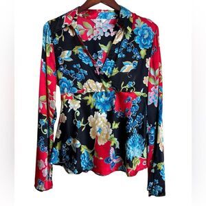 Whimsical Y2K Floral Long Sleeve 100% Silk V Neck Babydoll Blouse Top Size XL